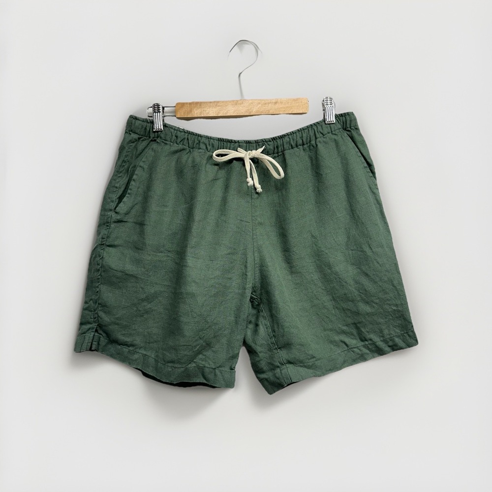 Alex Crane Shorts Men's L 100% Linen Military Green Drawstring Pockets Pull On